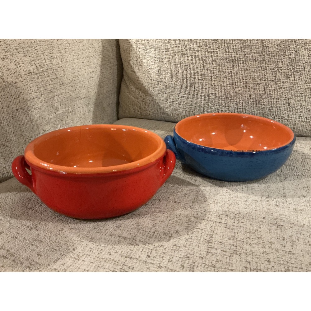 De Silva Italy Terracotta Pottery‎ Bowls Set of 2 Red Blue Glazed Ceramic Soup